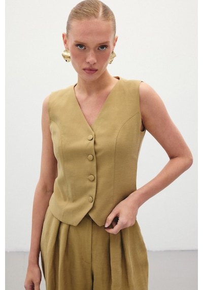 Sateen Keten Yelek - Haki-136284 Haki