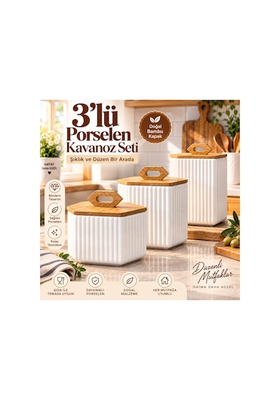 3 Lü Bambu Kapaklı Porselen Kavanoz Takımı Çay Şeker Tuz Kahve Saklama Kavanoz Takımı Beyaz Beyaz