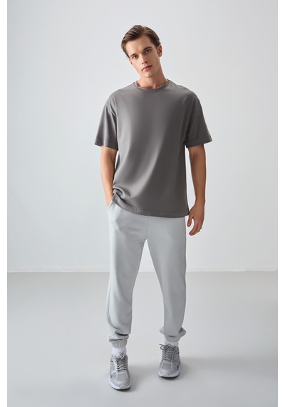 Air Jones Tommy Life Koyu Gri %100 Pamuk Kalın Yumuşak Dokulu Oversize Fit Basic Erkek T-shirt - 88353 Koyu Gri