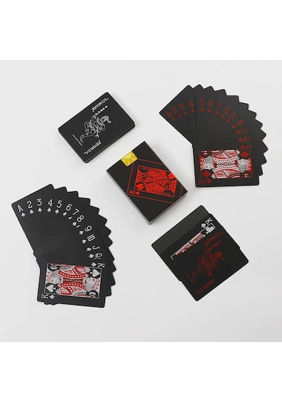 İskambil Kağıdı Destesi Oyun Kartları Su Geçirmez Pvc Parlak Siyah Deste 8,7cm X 5,7cm 54'lü Kırmızı