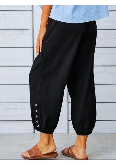 Kadın Beli Lastikli Bağcıklı Düğme Detaylı Pantolon Siyah