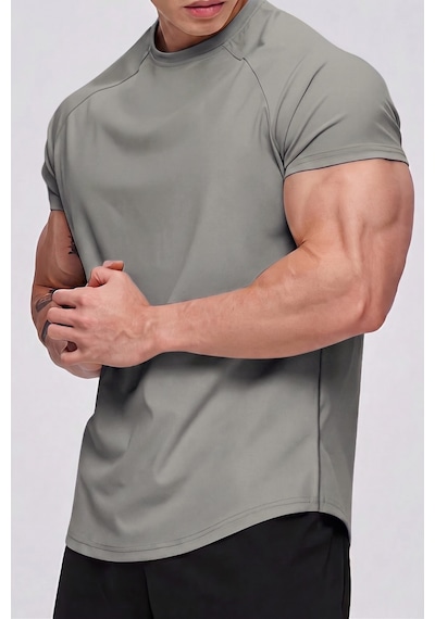 Genius Store Erkek Spor Tişört Running Sports Gym Reglan Oval Kesim Penye T-shirt Ovalt-shirt Gri