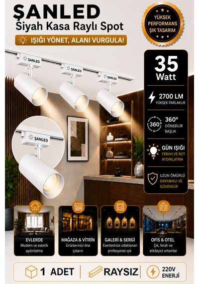 Led Beyaz Kasa Gün Işığı 35w Raylı Spot / 1 Adet