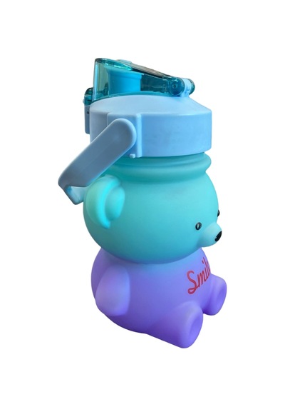 Smile Ayıcık Figürlü Çocuk Su Matarası Pipetli Kapaklı Turkuaz Mor Renk Geçişli 500ml