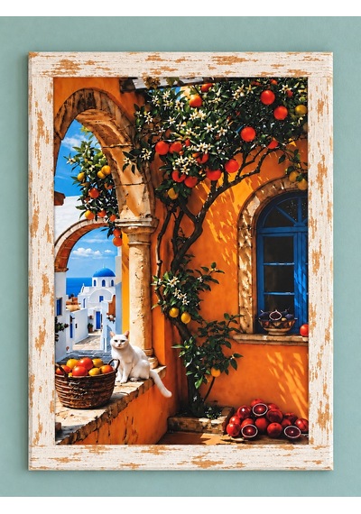 Ahşap Eskitme Çerçeve Desenli Akdeniz Evi Ve Portakal Ağacı Temalı Dekoratif Ahşap Tablo 52x72 Cm