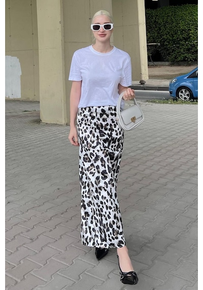 Madmext Beyaz Leopar Desenli Midi Boy Saten Etek Mg2079 Beyaz