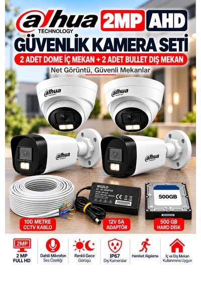 4'lü 2mp Ahd Full Color Renkli Gece Görüş Kamera Seti