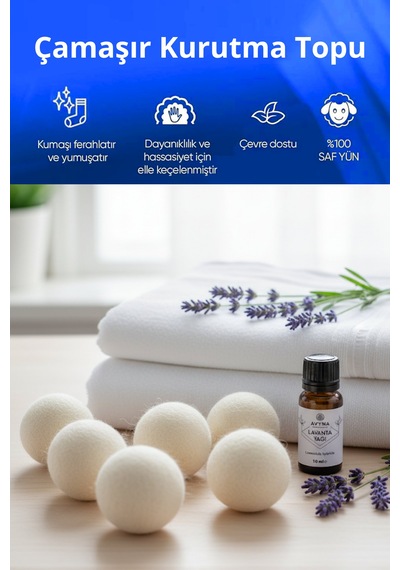 Reyo 6 Adet Çamaşır Yün Kurutma Topu + %100 Saf Lavanta Esansı Krem