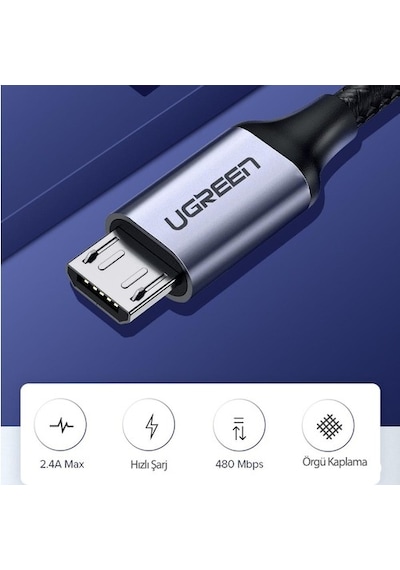 Ugreen 2.4A Micro USB Örgülü Data ve Hızlı Şarj Kablosu Beyaz 1 Metre