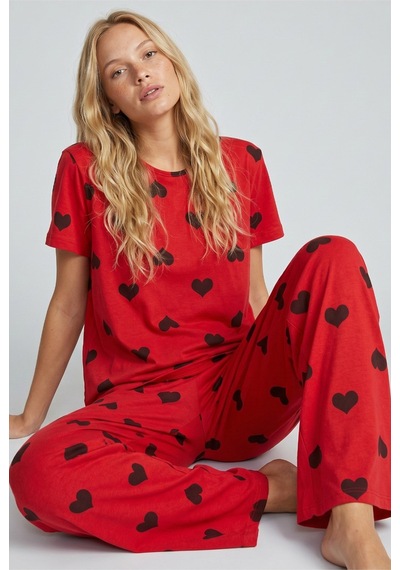 Siyah İnci Bisiklet Yaka Örme Pijama Takım Kırmızı Siyah Kalp