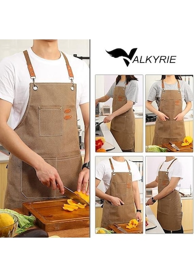 Valkyrie Unisex Kanvas Mutfak Önlüğü Ayarlanabilir Askılı Cepli Barista Garson Servis Önlüğü Kahve Kahverengi