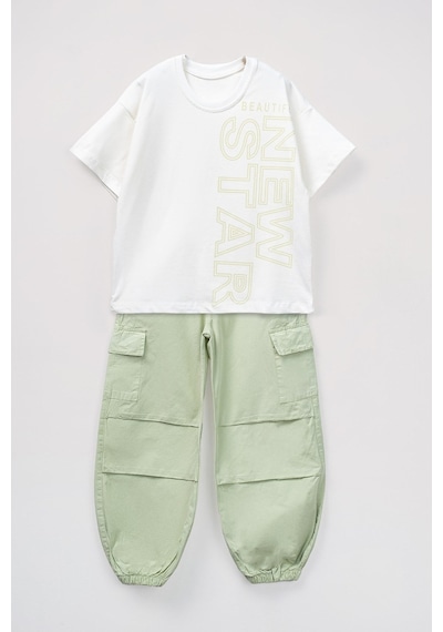 Aden Kids Kaz Tüğü Kumaş Oversize Pantalon İle Kombin Alt Üst Takım Yeşil