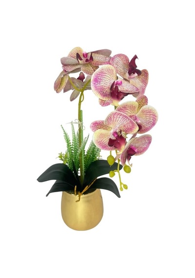 Yapay Çiçek Pembe Çilli Islak Orkide Gold Metal Saksıda Seramik Saksıda Orkide 60cm