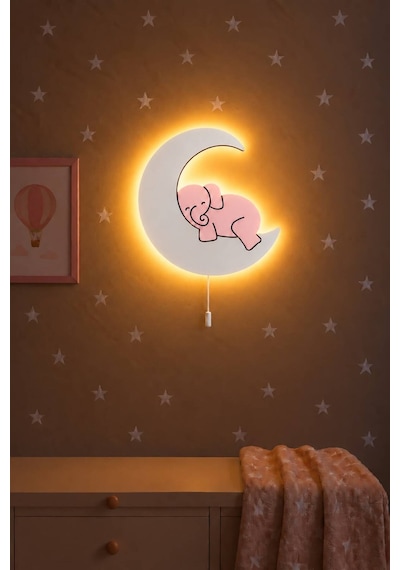 El Boyaması Ahşap Filli Lamba Pilli Ledli Gece Lambası Bebek Çocuk Odası Pembe