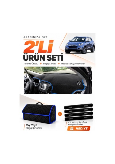 E-biz Hyundai İx35 2009-2015 Uyumlu Torpido Örtüsü + Tay Tüyü Bagaj Çantası - Siyah-mavi - Hu006