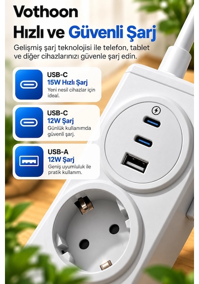 4 Lü Akıllı Priz Tek Dokunuşla Fiş Çıkarma 2 Metre Kablo 2 Type-c + Usb 15w Hızlı Şarj 3680w Krem