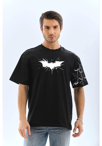 - Unisex Ön Ve Kol Baskılı Oversize T-shirt - Siyah SIYAH