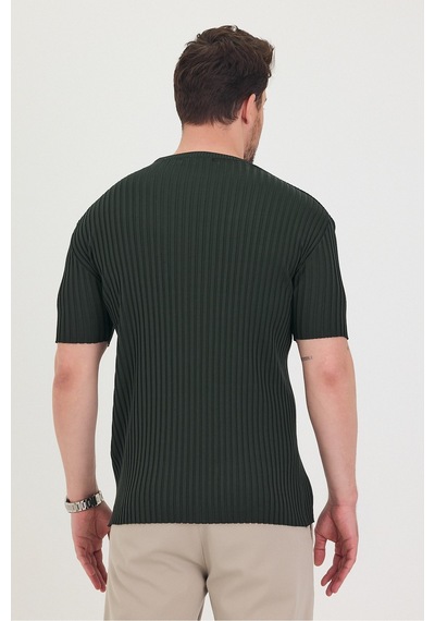 Tarz Cool Erkek Bisiklet Yaka Fitilli Kısa Kollu Ince Triko T-shirt Haki