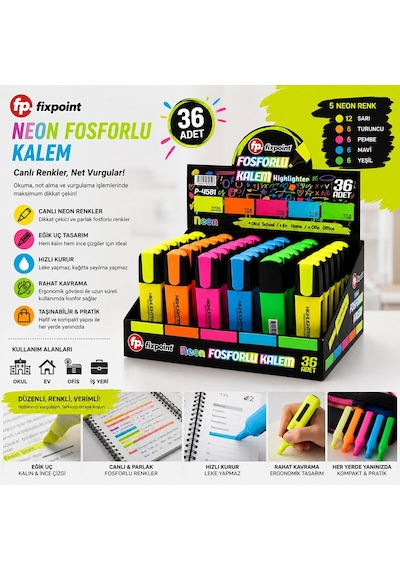 Fixpoint P-4581 Neon Fosforlu Kalem Standlı 36'lı Set - Sarı Turuncu Pembe Mavi Yeşil- 36'li Paket Diğer