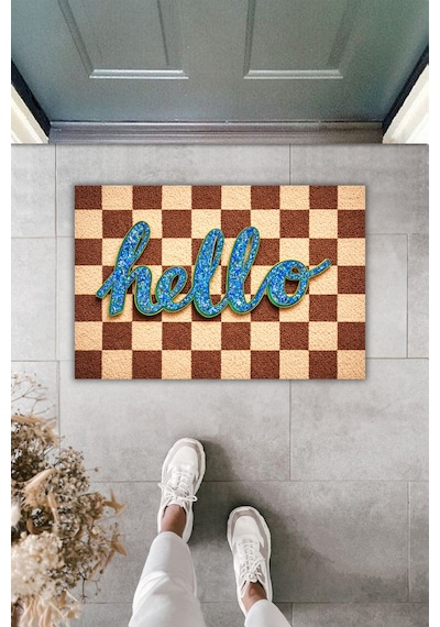 Rugmood Modern Dijital Baskı Paspas - Hello Yazılı Bej & Kahve Kareli Şık Kapı Önü Paspası
