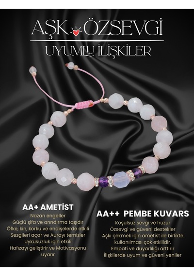 Sertifikalı Aa++ Pembe Kuvars, Ametist Ve Lavander Ametist Doğal Taşlı Çelik Bileklik Pembe