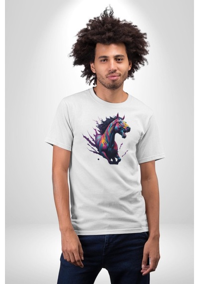 Renkli At Koşu Unisex Unisex Beyaz Organik Baskılı T-shirt Penye Yüksek Kalite Beyaz