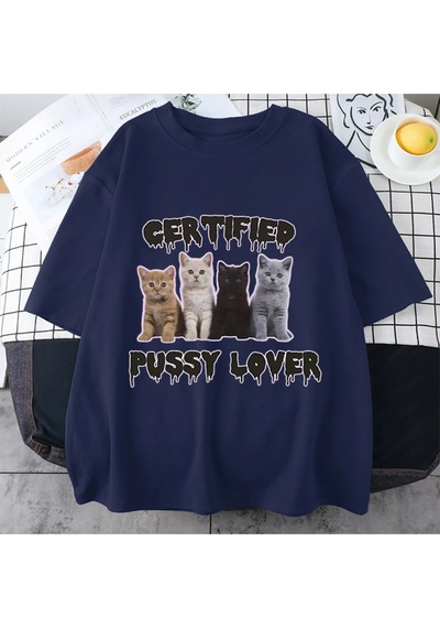 Flood Of Style Komik Sertifikalı Kedi Sevgilisi Meme Kedi Grafik T Shirt Unisex Moda Kawaii T-shirt Sokak Ra Lacivert