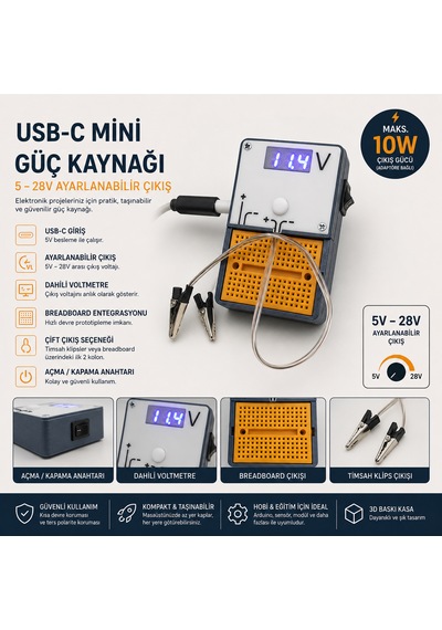 Usb-c Mini Güç Kaynağı 5v-28v Ayarlanabilir Çıkış Dahili Voltmetreli Breadboard