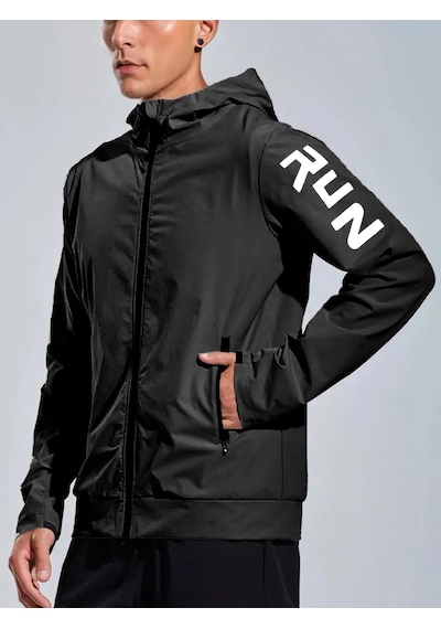 Ghassy Co.erkek Sportif Run Baskılı Rüzgar Ve Su Geçirmez File Astar Yürüyüş Spor Fitness Yağmurluk Siyah