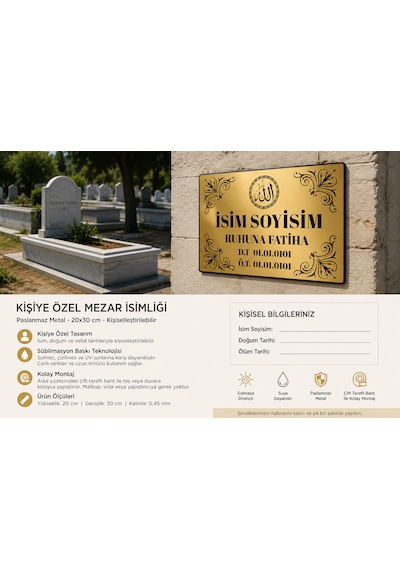 Kişiye Özel Metal Mezar İsimliği 20x30 Cm Paslanmaz Metal Levha Baskılı Mezarlık Levhası
