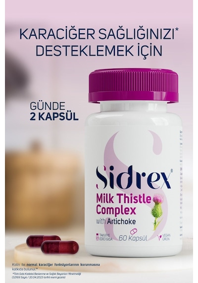 Sidrex Milk Thistle Complex Deve Dikeni Eki ve Enginar Eki İçeren Takviye Edici Gıda 60 Kapsül