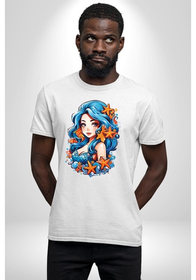 Deniz Kızı Deniz Yıldızı Mavi Saçlı Unisex Unisex Beyaz Organik Baskılı T-shirt Penye Yüksek Kalite Beyaz