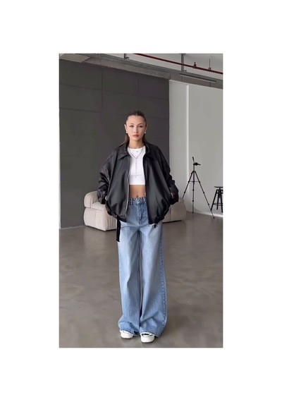 Belizmod Oversize Kemerli Bomber Deri Ceket Siyah Siyah
