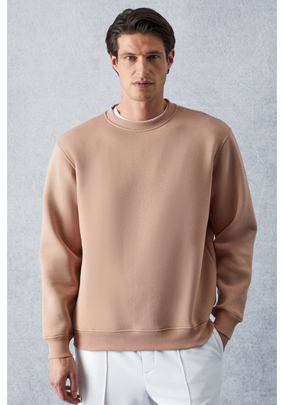 Grimelange Travıs Erkek Organik Kumaşlı Yumuşacık Regular Fit Yuvarlak Yakalı Bej Sweatshirt Bej