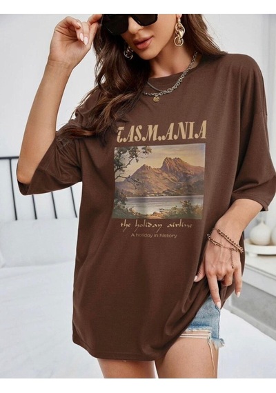 Flood Of Style Kadın Kahverengi Tasmania Baskılı Oversize T-shirt