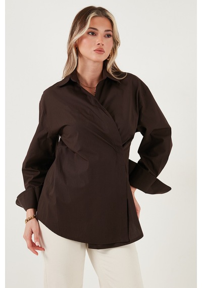 Lela Regular Fit Klasik Yaka Bağlamalı Uzun Kollu Bayan Gömlek 6834987 Kahve