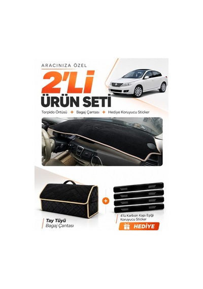Renault Latıtude 2010-2015 Uyumlu Torpido Örtüsü + Tay Tüyü Bagaj Çantası + Sticker - Siyah Bej