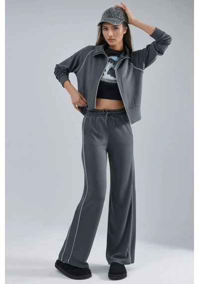 Fiolin Modal Dokulu Fermuarlı Sweatshirt & Pantolon İkili Takım Füme