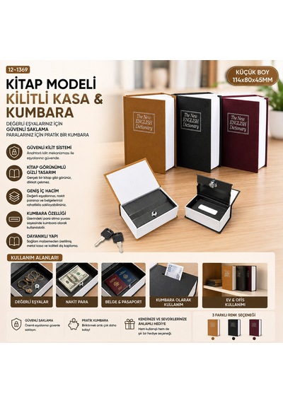 Küçük 114x80x45mm Kitap Modeli Kilitli Kasa - Kumbara Renkli 5639