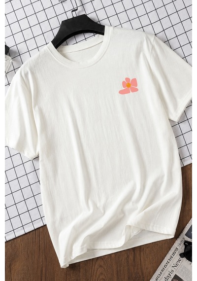 Spoyi Pastel Çiçekler Tasarımlı %100 Pamuk Yarım Oversize Beyaz T-shirt