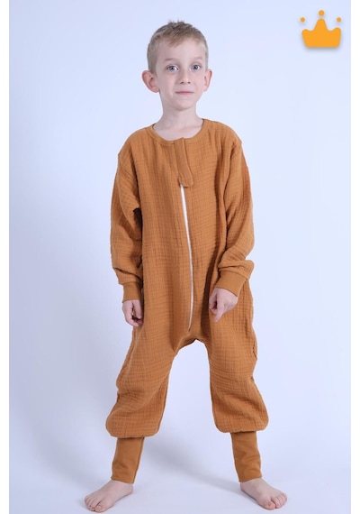 Babyhola Çocuk Mevsimlik Uyku Tulumu 2-8 Yaş 1 Tog 4 Kat Müslin Uzun Kollu Uyku Tulumu Hardal