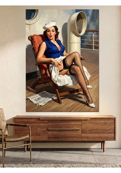 Gemide Şezlongda Oturan Pin-up Denizci Kadın Dekoratif Kanvas - Mdf Ahşap Tablo Çok Renkli