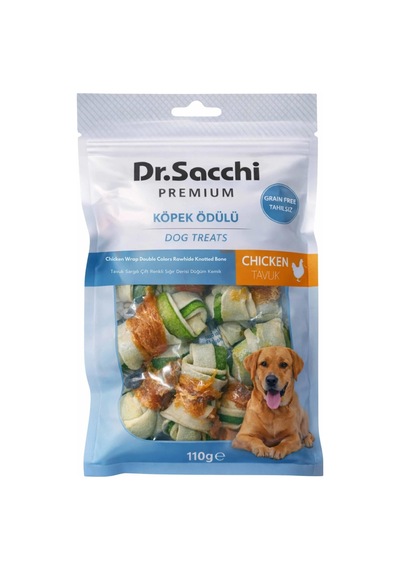 Dr.sacchi Premium Tavuk Sargılı Çift Renkli Sığır Derisi Düğüm Kemik Tahılsız Köpek Ödülü 2 8'li 110 Gr