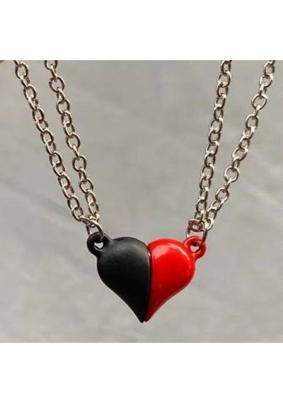 Kırmızı Siyahlı Mıknatıslı Kalp Çift Kolyesi Unisex 2 Li Anlamlı Tasarım Çok renkli
