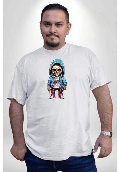 Angemiel Hiphop Kurukafa Hoodie Beyaz Büyük Beden Kadın Erkek Ünisex Basic Ön Baskılı Tişört Beyaz
