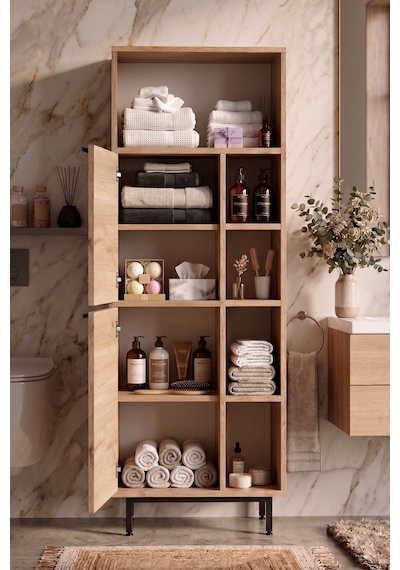 Yurudesign Ocean Banyo Dolabı Çok Amaçlı Dolap 2 Kapaklı Metal Ayaklı Sepet On10C-S Kahverengi