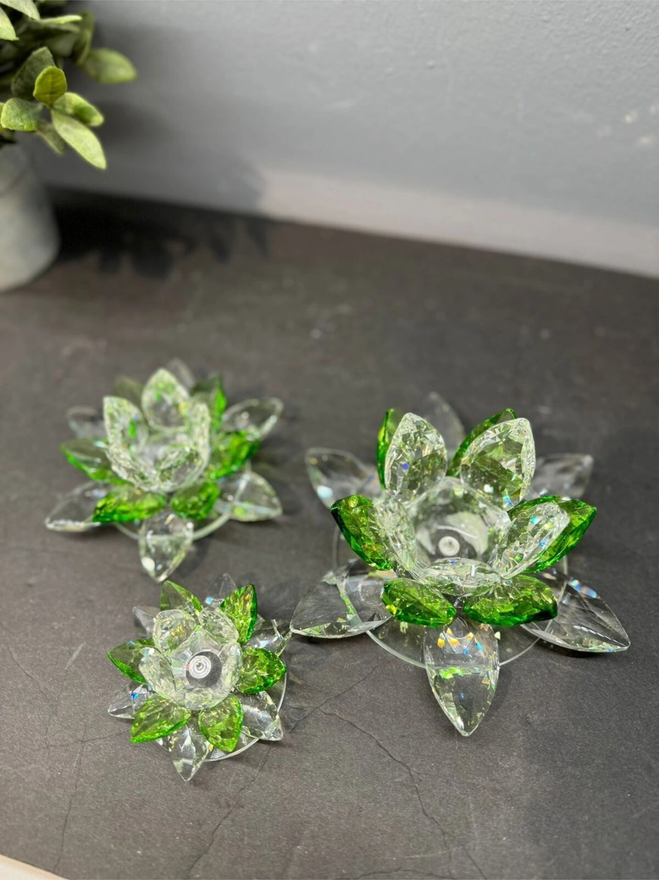 Dekoratif Kristal Cam Üçlü Cam Lotus Mumluk Yeşil