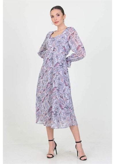 Neşeli Butik Kadın Gri Kalp Yaka Yeni Sezon Desenli Şifon Elbise Ry0030 Gri