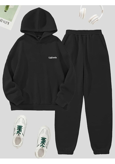 California Yazılı Eşofman Takımı Sweatshirt Jogger - Siyah Baskılı Oversize Şardonlu Kapüşonlu Siyah California Yazılı Eşofman Takımı Sweatshirt Jogger - Siyah Baskılı Oversize Şardonlu Kapüşonlu Siyah