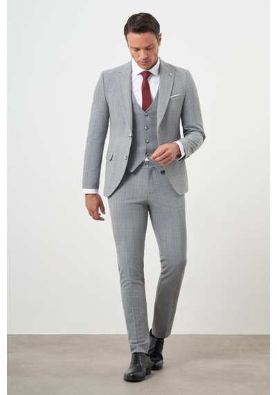 Morven Erkek Gri Poliviskon Trend Yelekli Ekoseli Slim Fit Sivri Yaka Takım Elbise Gri